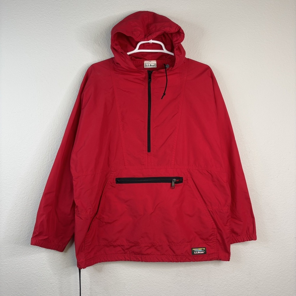 Vintage LL Bean Jacket Mens Large Red Hooded 1/2 Zip Pullover Windbreaker Anorak